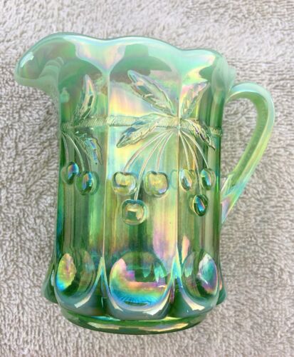 Green Opalescent Glass Cherry And Cable 4” Pitcher Creamer Older Eye catching!