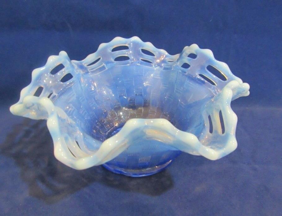Vintage Fenton Art Glass Clear Blue Opalescent Crimped Lace & Basket Weave Bowl