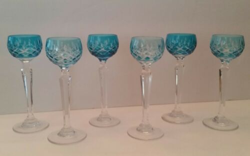 Set of 6 Cut to Clear Cordial Glasses Gorgeous RARE Color Turquoise Blue 5 1/2