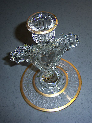 Press Glass Single Candle Holder Candlestick Gilt / gold trim fan scrolls heart