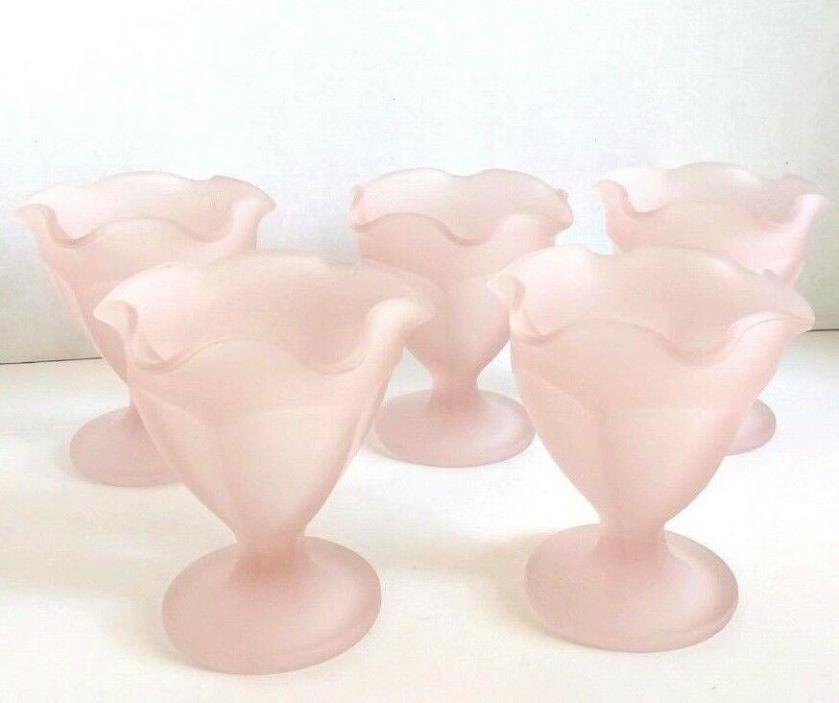Pedestal Desert Cups Frosted Pink Glass Sundae Parfait Ruffled Edges - Set of 5