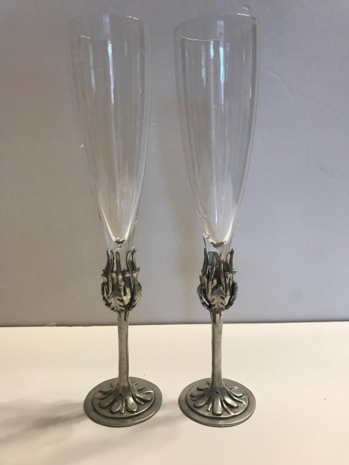 Caster Cooper Champagne Toasting Flutes with Pewter Leaf Stems Set of 2