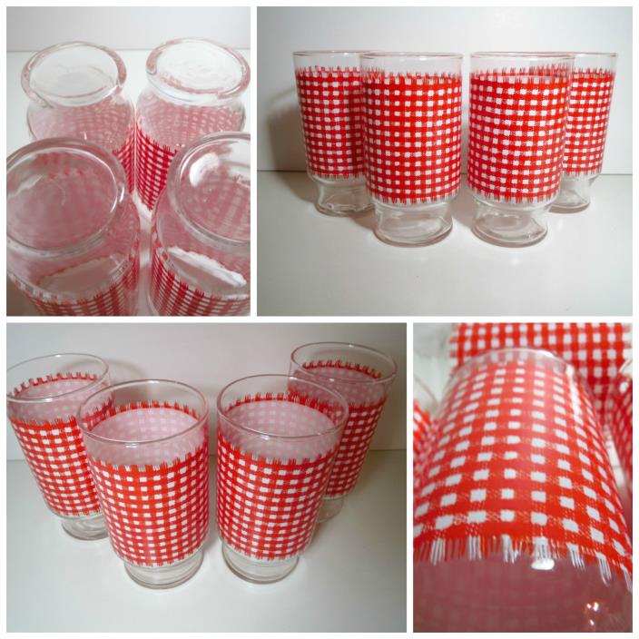 VTG 1970s Retro Red Gingham Check Water Glass Glassware Drink Tumblers Set 4ct