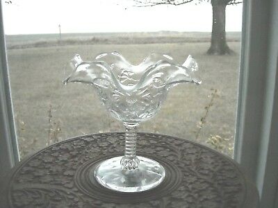 Small Vintage Ruffled Top Clear Glass Compote Swirled Stem