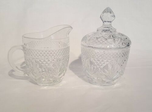 EAPG 3PC Diamond Pressed Glass Cream and Sugar Dish with Lid