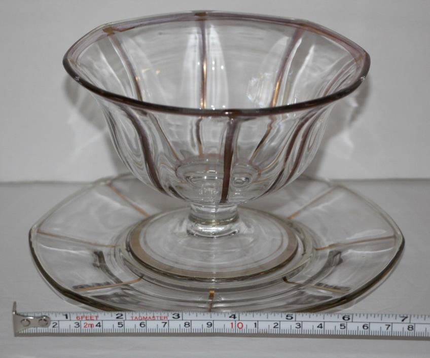 Vintage Pressed Glass Footed Compote & Underplate Gold Accents