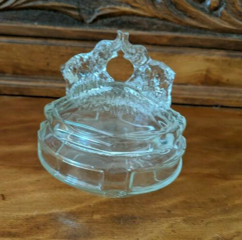 Vtg Octagonal Clear Glass Candy Dish or Bowl w Double Elephant Lid/4.75