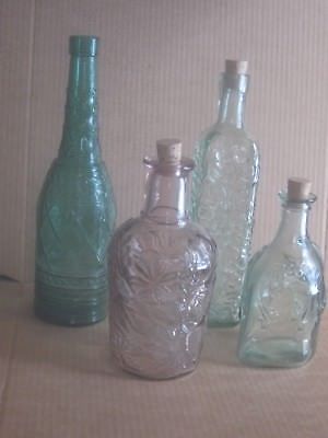 VINTAGE-SET OF 4-PRESSED GLASS-CANADA-DECANTER & VINEGAR & OIL-ORIG CORKS-60'S