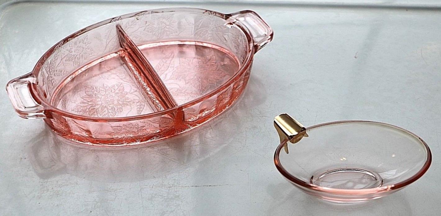 2 Vintage Pink Dishes Trays Divided Embossed Glass Handles Ashtray