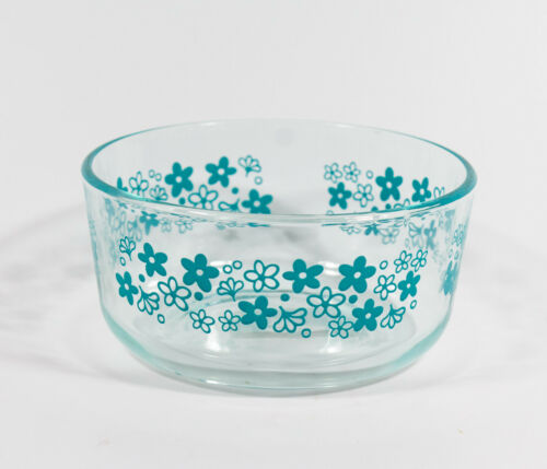 1 Pyrex 7201 Clear Teal Blue 4-Cup / 1 Qt Glass Round Storage Bowl no Lid