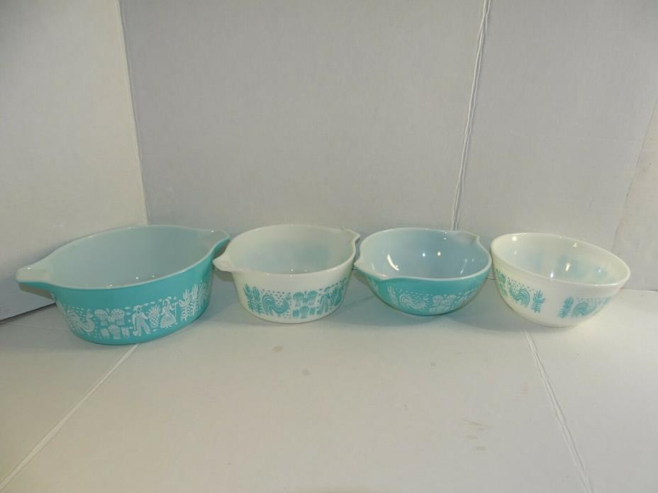 PYREX  Vintage AMISH BUTTERPRINT ROOSTER WHITE TURQUOISE NESTING MIXING BOWLS