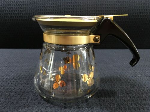 Vintage Pyrex Clear Glass Syrup Dispenser Metal Lid Gold Tone Clover Design USA