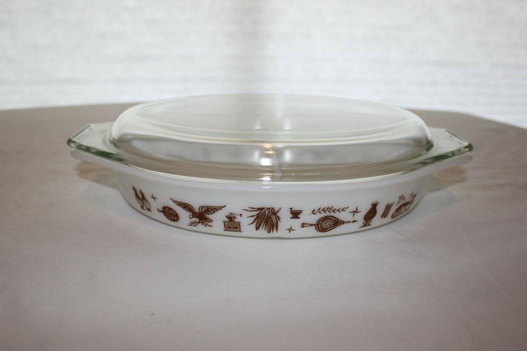 Vintage Pyrex Early American HTF Brown On White Divided Covered Baking Dish Lid