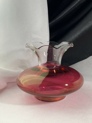 Cranberry Art Glass Vintage Rose Bowl Flower Vase Scalloped Ruffled Rim