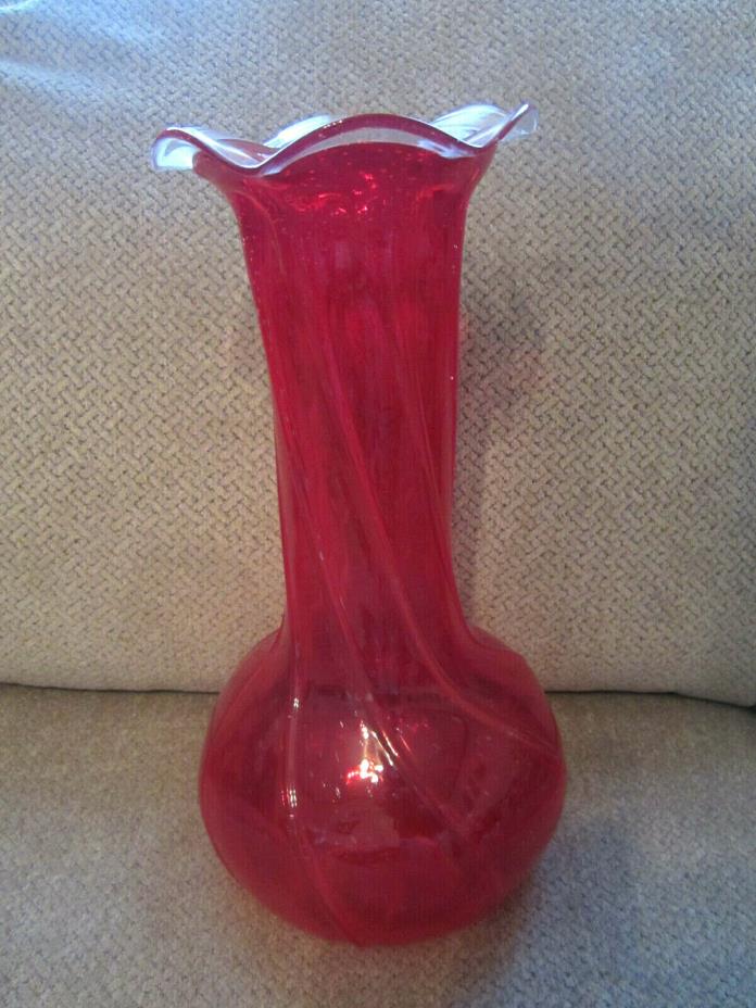 Red vase hand blown bubbled with swirl effect 14