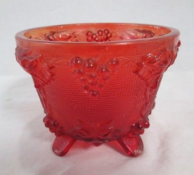 Vintage Red Glass Dish Footed + Designed with Grapes and Leaves 3.5