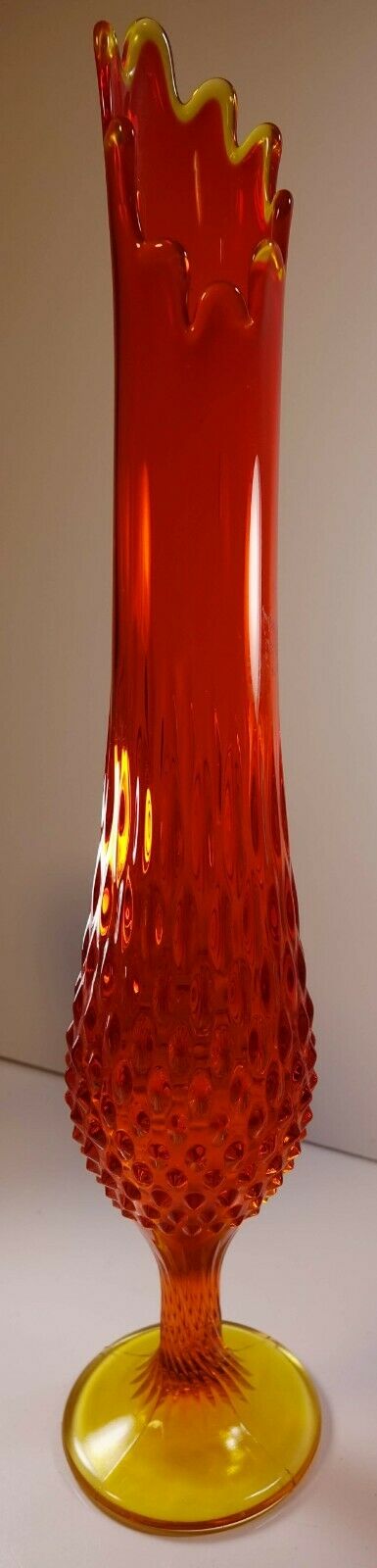 Vintage Stretch Swung Swing Hobnail Art Glass Amberina Vase Orange MCM 17