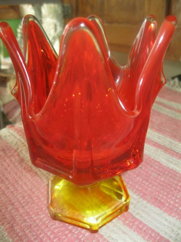vintage  RED ORANGE STRETCH GLASS` PEDAL VASE on PEDESTAL