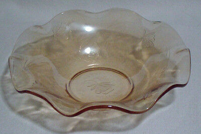 Vintage Amber Glass Fruit Serving Bowl Scalloped Rim Orchid Flower Accents Dish