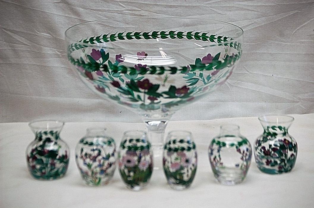 Vintage Punch Bowl w Six Glass Vases Dragonflies & Purple Flowers Hand Painted