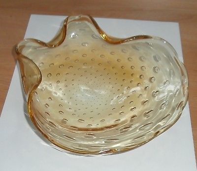 Lovely Vintage 2 Shades Gold Glass With Bubble Designs Fluted Dish Great Shape