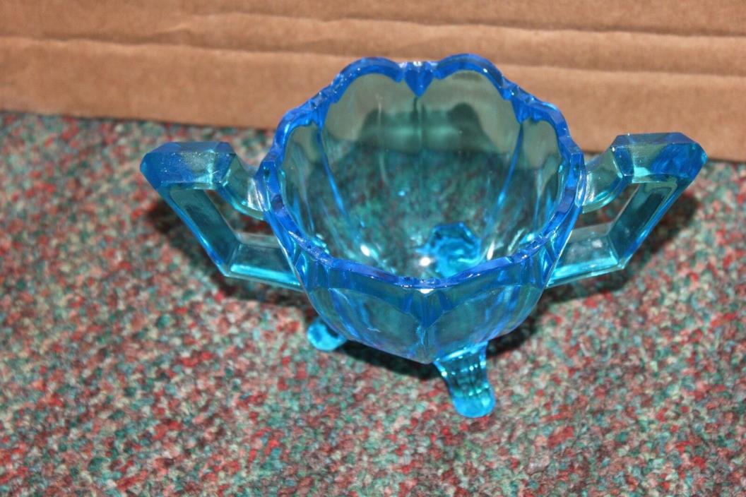 Vintage Blue Glass Three Footed Sugar Bowl Scalloped Rim