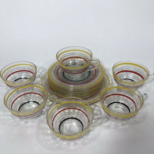 Vintage Teacups Saucers Plate Black Red Yellow Set Of 6 Glass EUC