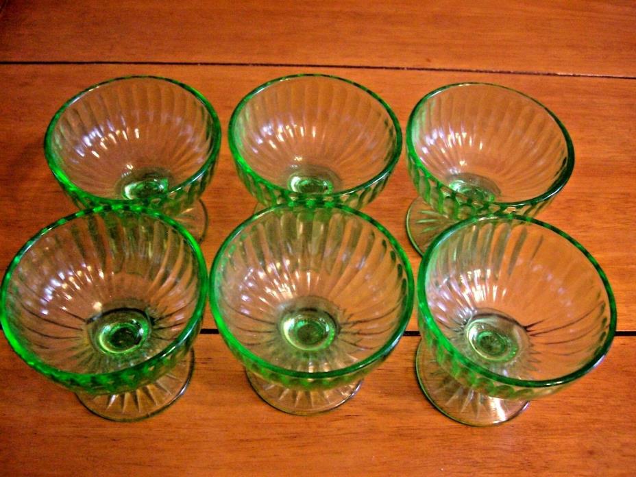 VINTAGE SET OF 6 GREEN VASELINE DEPRESSION GLASS SHERBET FOOTED DESSERT DISHES
