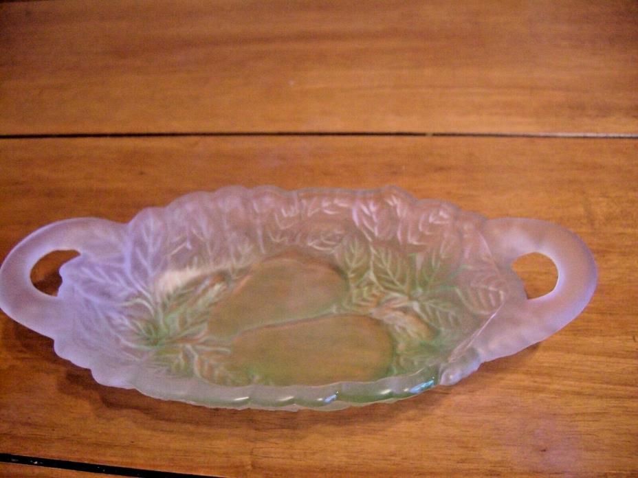VINTAGE VASELINE GLASS GREEN PEARS & LEAVES CANDY DISH