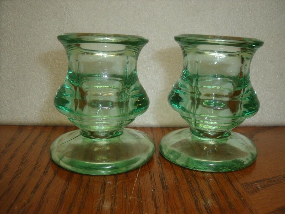 Green Depression Glass Pair of elegant short Candlestick Candle Holders