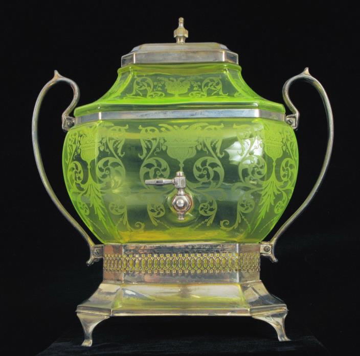 ANTIQUE ART DECO ETCHED GREEN VASELINE URANIUM GLASS DISPENSER CENTURY SILVER !