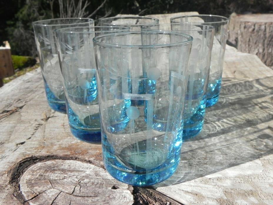 Set of 6 Vintage Glasses Glass Juice Depression Blue Cut Etched Art Deco