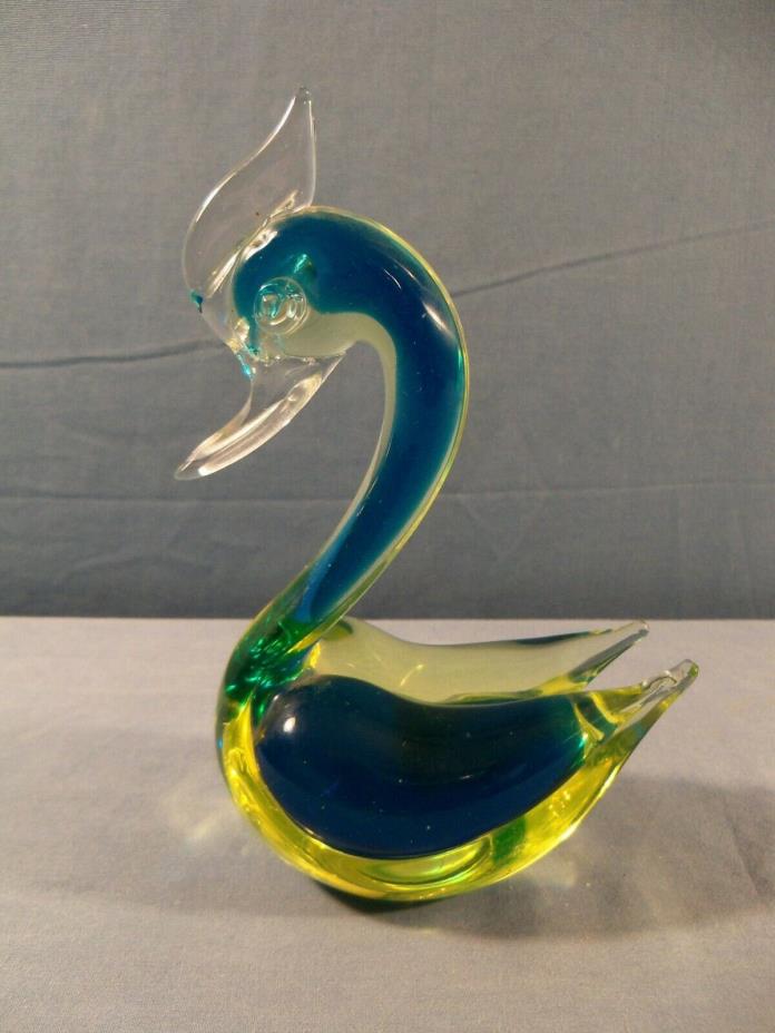 Italian Murano Blue & Vaseline Glass Bird Duck Figurine 7 1/4