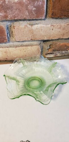 Green Vaseline Uranium glass Etched Candy Dish Ruffled Edge