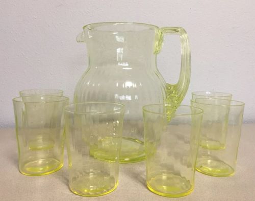 Vaseline Glass Ribbed Pitcher 6 Tumblers Reeded Handle Yellow Excellent