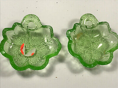 Pair (x2) Green Leaf Leaves Depression Vaseline Glass ashtray salt dish bowl