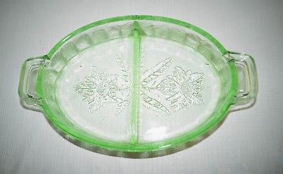 Antique Vaseline Uranium Green Depression Glass Divided Candy Dish with Flowers