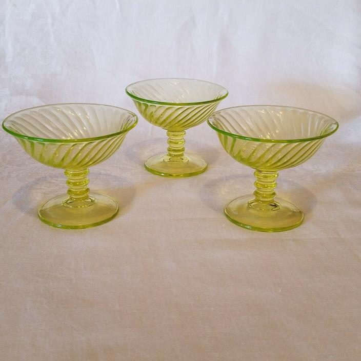 Vintage Vaseline Imperial Glass Co. Twisted Optic Sherbet Dish set of 3 Yellow