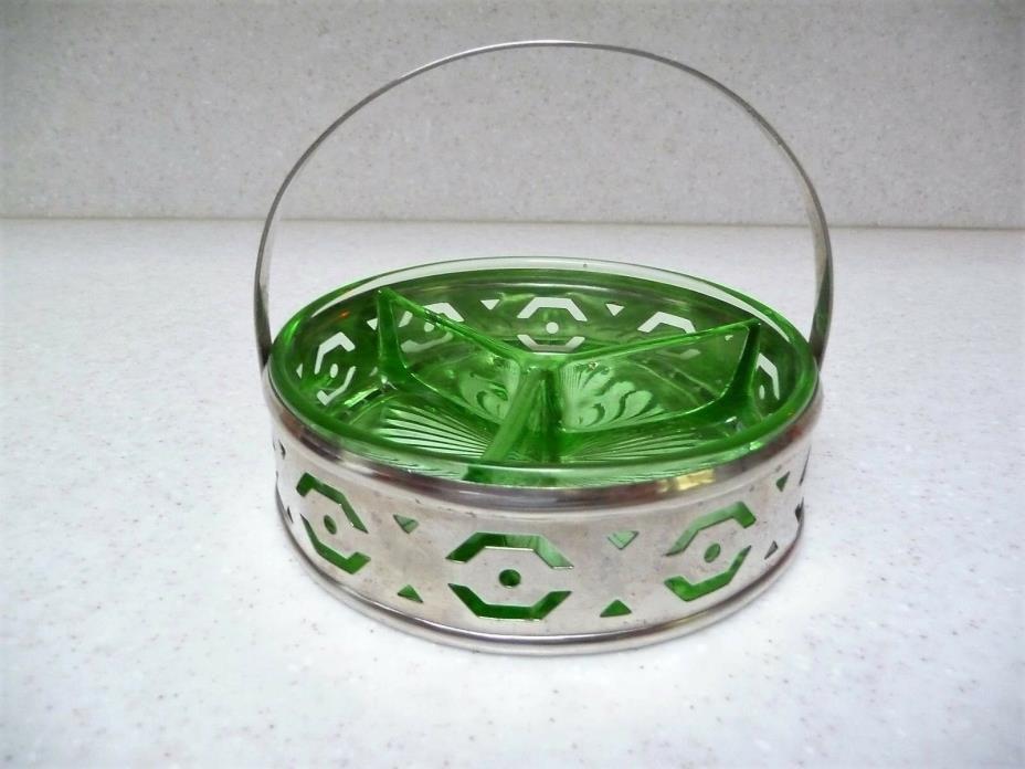 Green Depression Vaseline Glass Divided Candy -Nut -Relish Dish w Chrome Basket
