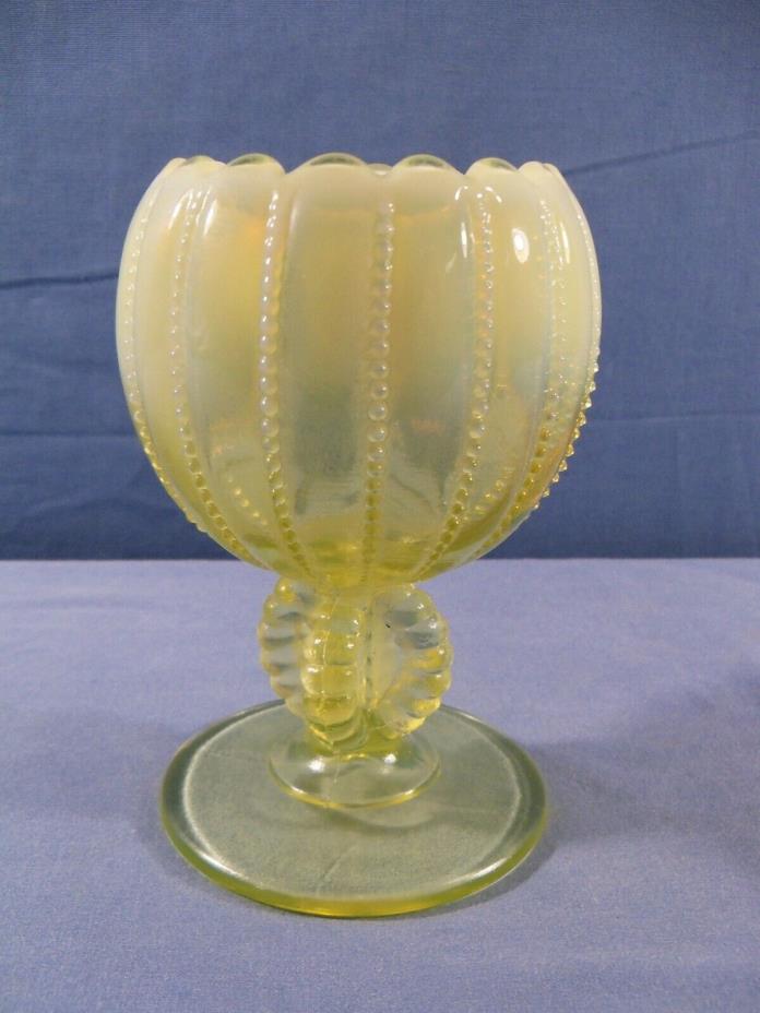 Northwood Opalescent Topaz Vaseline Glass Beaded Panels Ivy Ball Vase