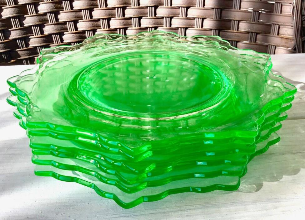 6 Vaseline URANIUM Plate Set Art Deco Tea Room Green GLASS  6”
