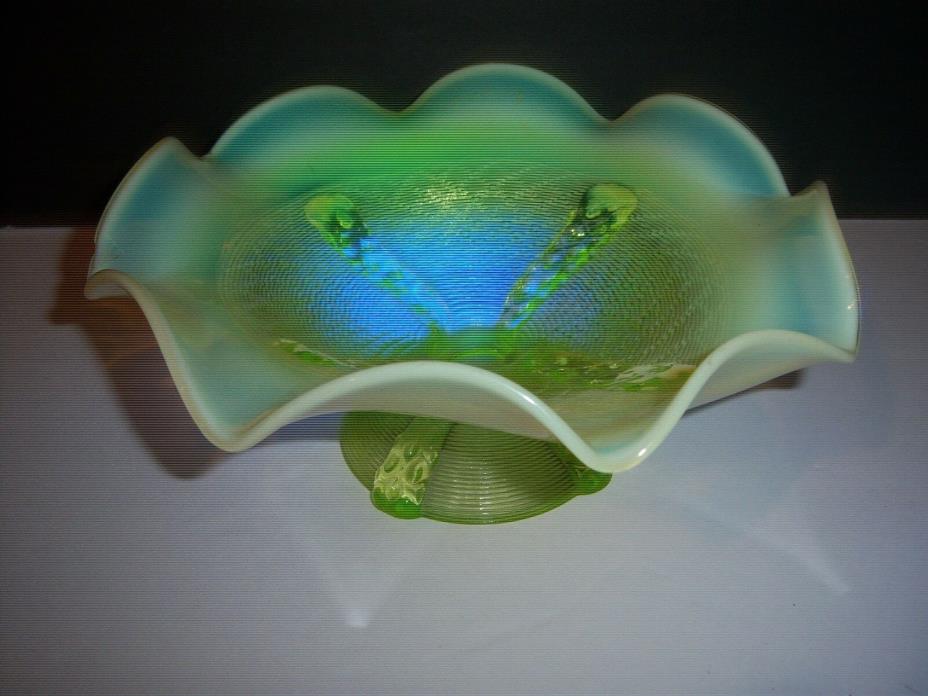 .BEAUTIFUL GREEN VASELINE FOOTED CANDY DISH W/OPALESCENT SCALLOPED EDGE
