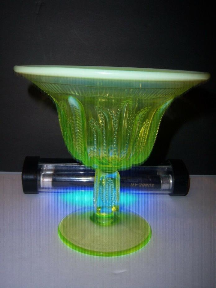 ...FOOTED GREEN VASELINE GLASS CANDY DISH W/OPALESCENT AROUND TOP