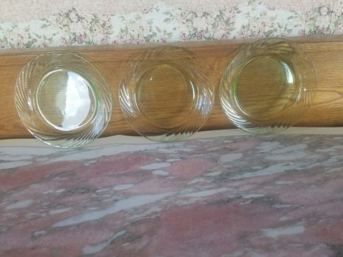 3 PYREX  Green Vaseline Depression Glass PLATES SWIRL, 7 5/8 INCH DIAMETER