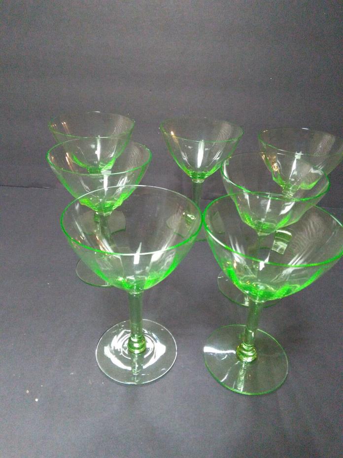 SET 7  Vintage Green Vaseline Glass/Uranium Wine Cordials  Fine Stemware