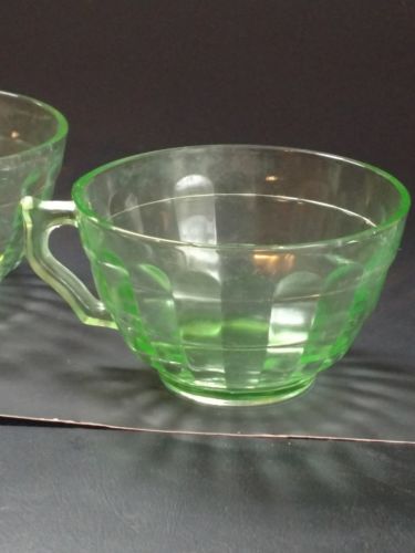 Vintage Green Vaseline Uranium Glass Cup Ribbed & Block Design
