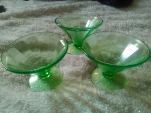 3 Green Sherbet Dessert Dishes Uranium Vaseline Depression Glass 1930's