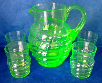 Uranium Glass Hand Blown Pitcher & 4 Tumblers Antique Art Deco ca 1920s