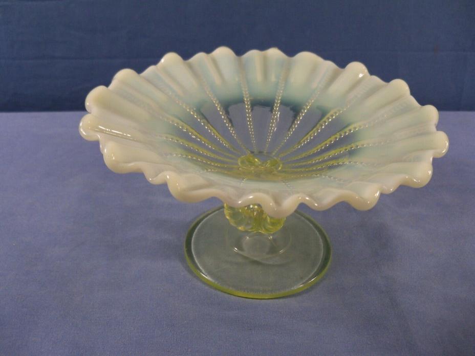 Dugan or Northwood Canary Vaseline Glass Beaded Panels Opal Open Compote #2
