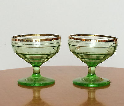 2 Vintage Green Vaseline Depression Glass Sherbert Dessert Footed Dish Optic